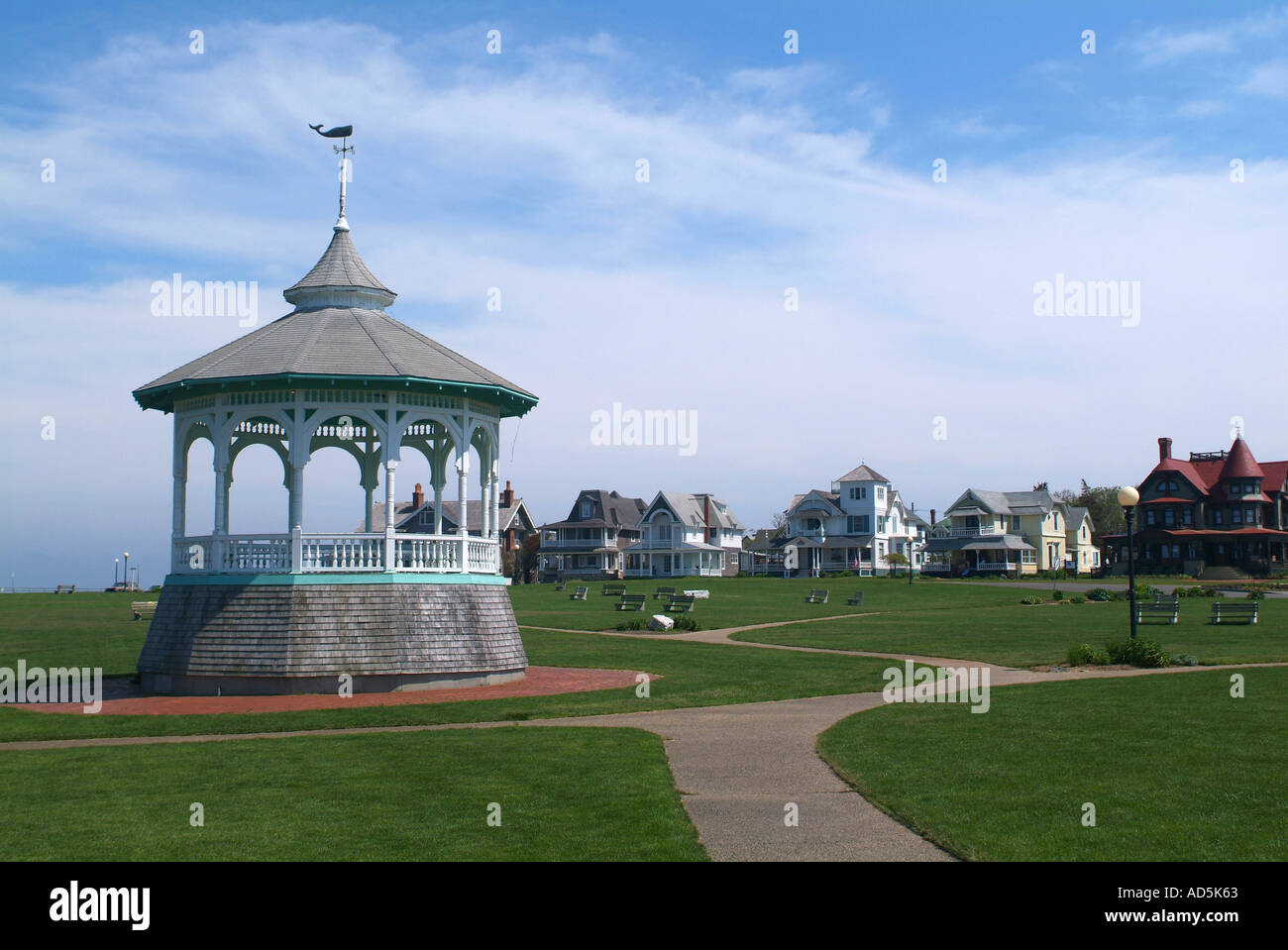 Oak Bluffs Martha's Vineyard center of green with bandstand pavilion and sidewalks Stock Photo