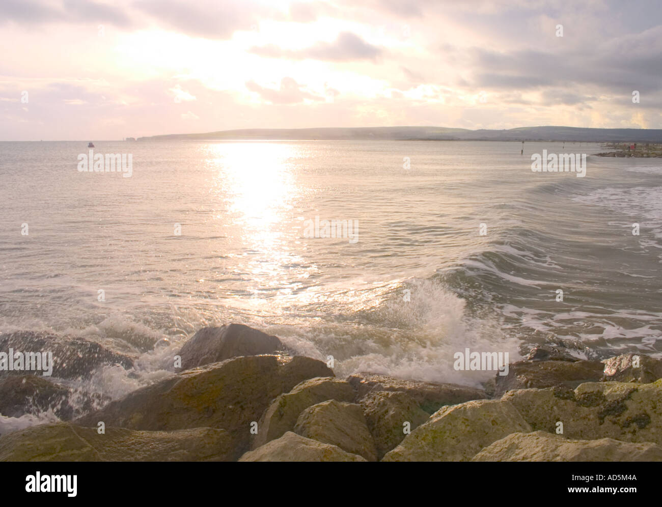 Sunset from Sandbanks to Old Harry Rocks Poole Harbour Dorset Stock ...