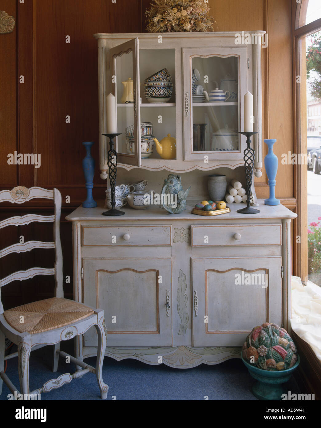 Distressed Paint Effect Grey Dresser And Rush Seated Wooden Chair