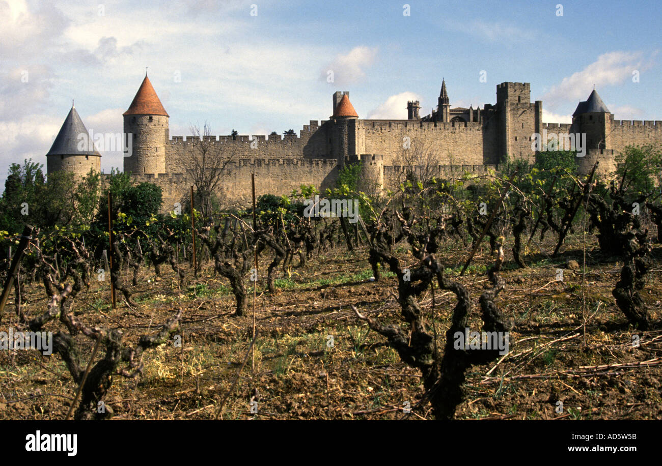 Carcassonne, a hilltop town in southern France’s Languedoc area, famous for its medieval citadel, La Cité, with numerous watchtowers  France  French Stock Photo