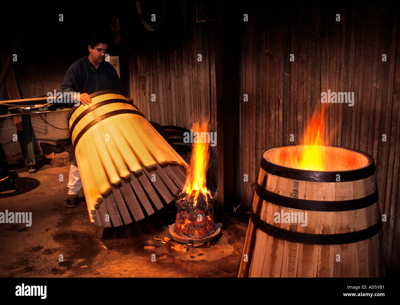 Cooperage cognac whisky wine port cask barrel fire Stock Photo