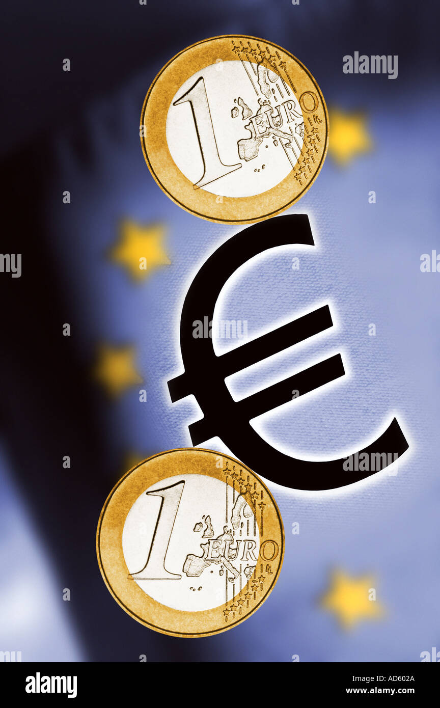 Euro coins and Euro symbol on EU flag background Stock Photo