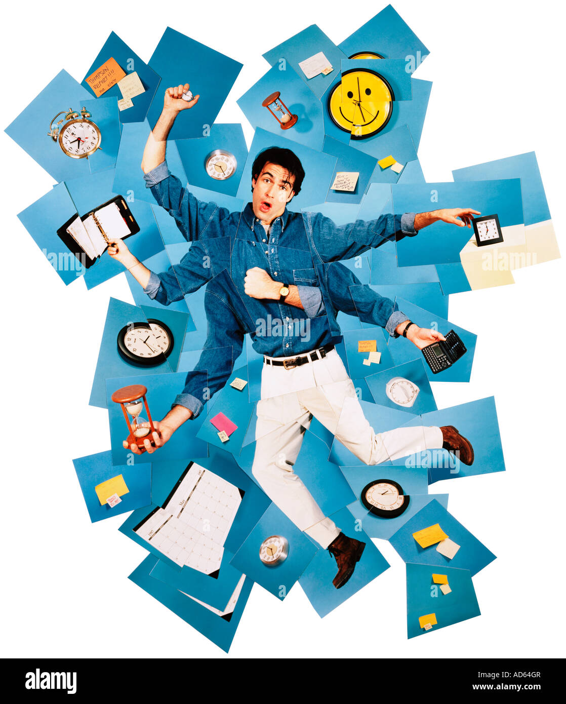 Collage of harried man surrounded by clocks Stock Photo