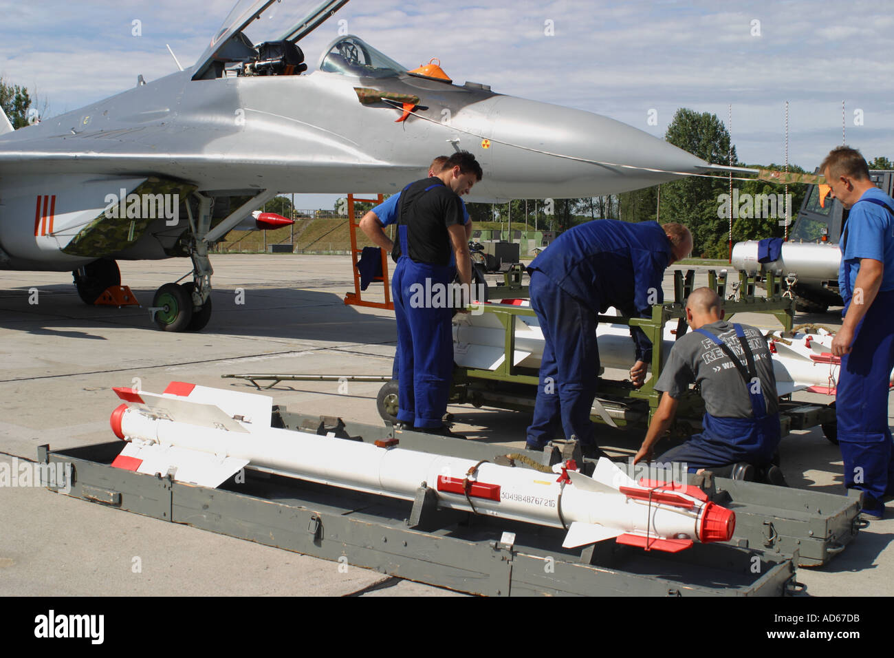 Air to Air missile being prepared for loading onto a Mig 29 fighter aircraft of the Polish Air Force Stock Photo