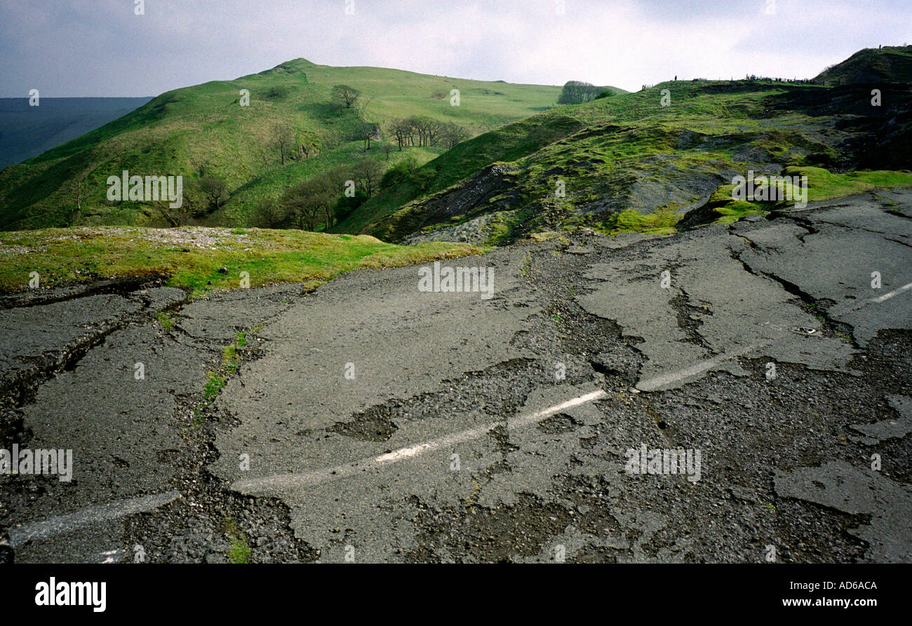 Road closed due to landslides on Mam Tor Derbyshire England UK Stock