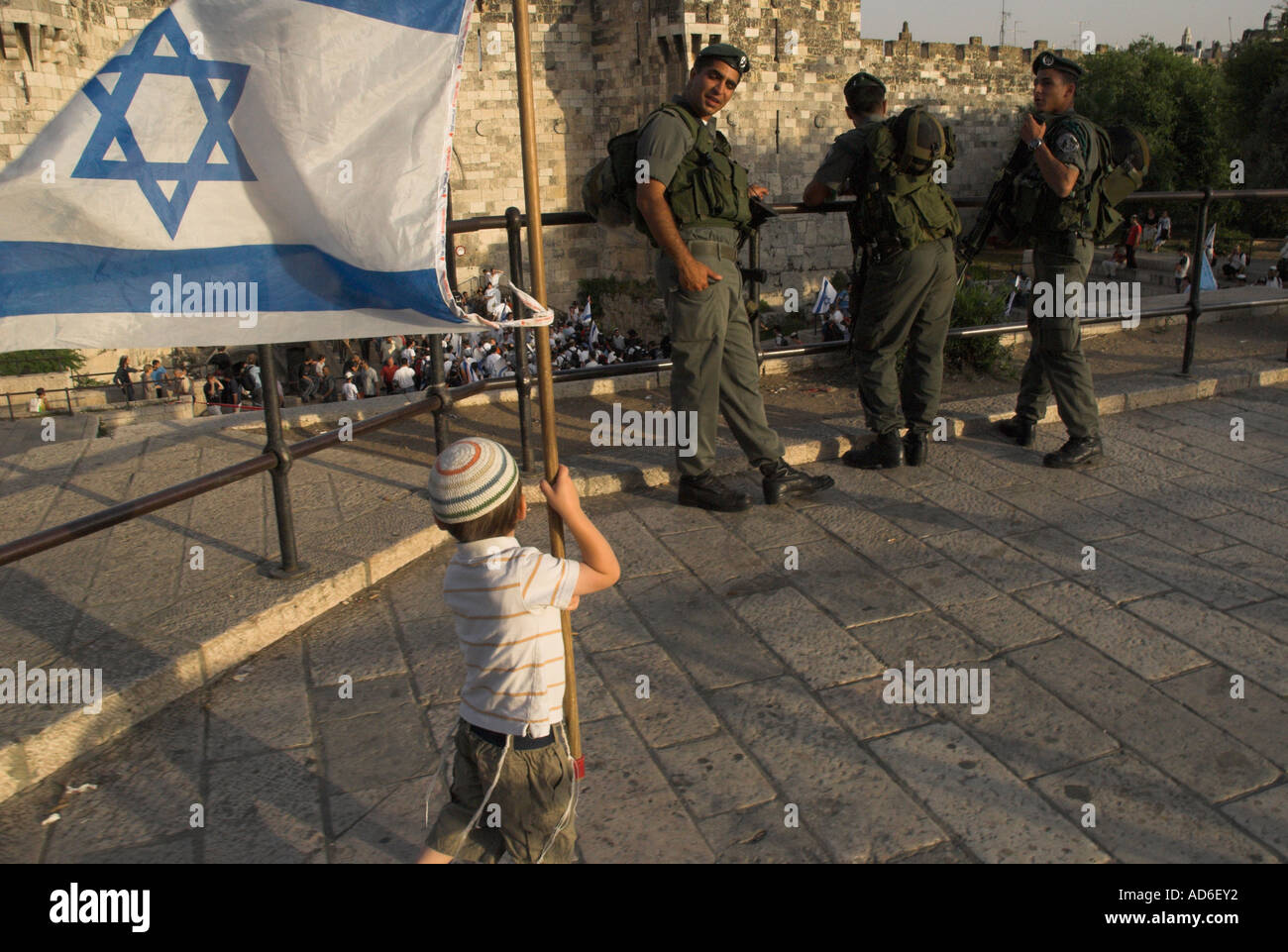 Israel Jerusalem Jerusalem Day celebrations Flag March through the streets of the new and old city ending at the Western Wall yo Stock Photo