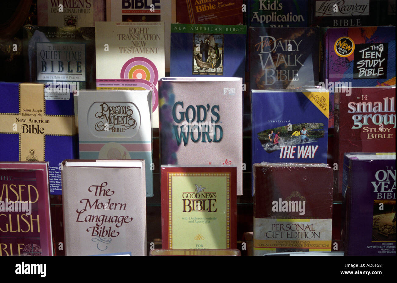 Religious books in shop window Boston Mass USA Stock Photo