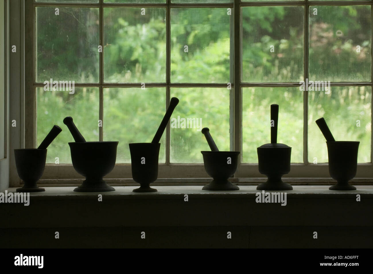 Antique mortars and pestles kitchen of Hyde Hall Cooperstown New York Otsego County Stock Photo