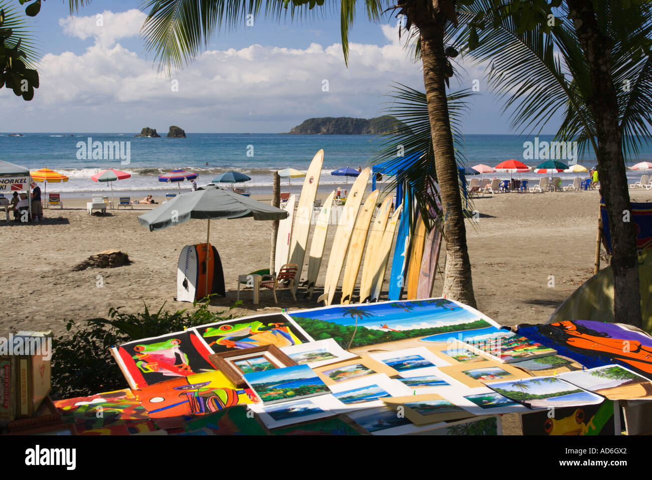 Art and surfboards on Playa Espadilla Beach or 1st Beach Manuel Antonio on the Central Pacific Coast Province Costa Rica Stock Photo