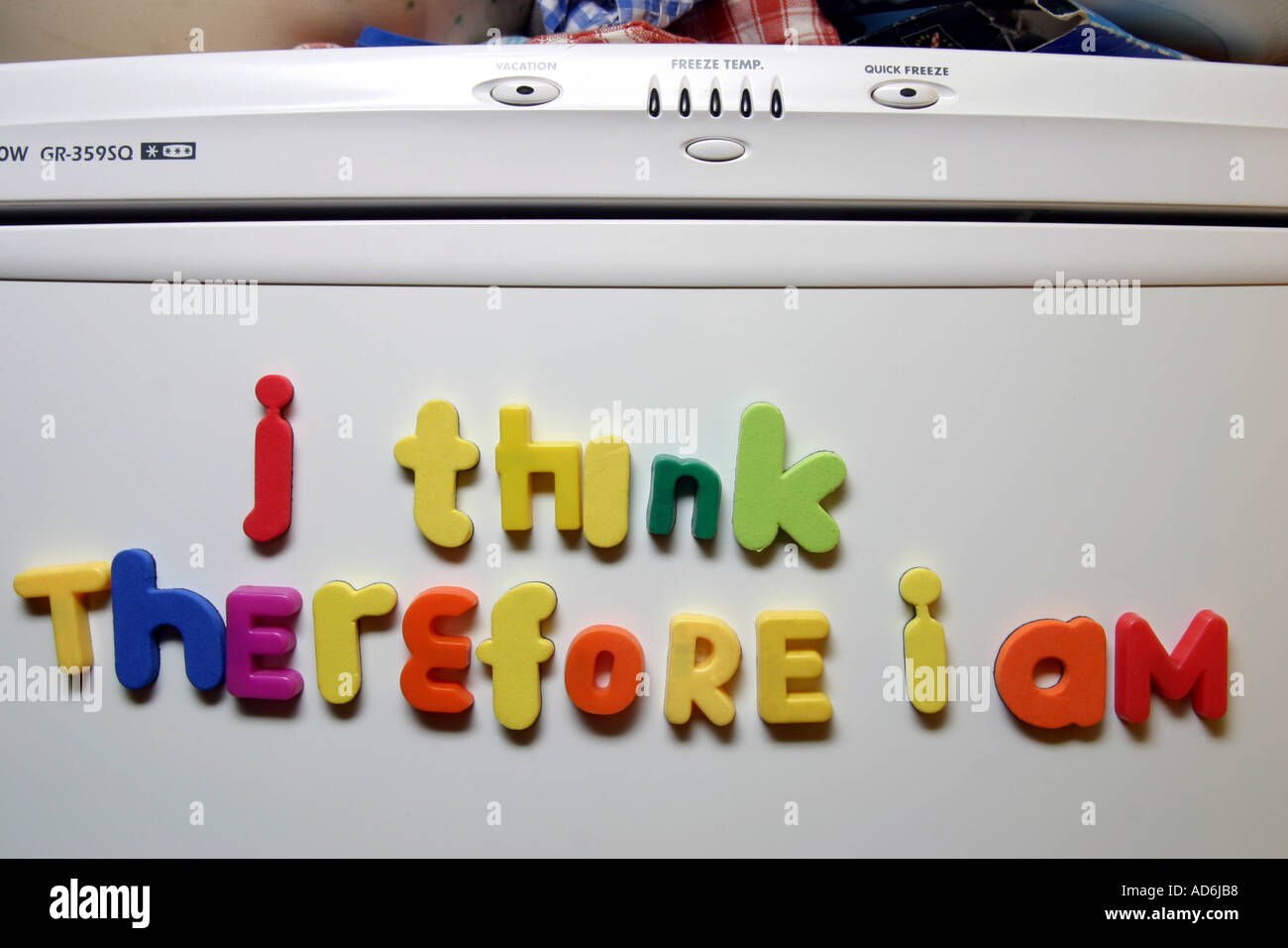 Descartes famous quote I think therefore I am written in fridge magnets on a refrigerator door Stock Photo