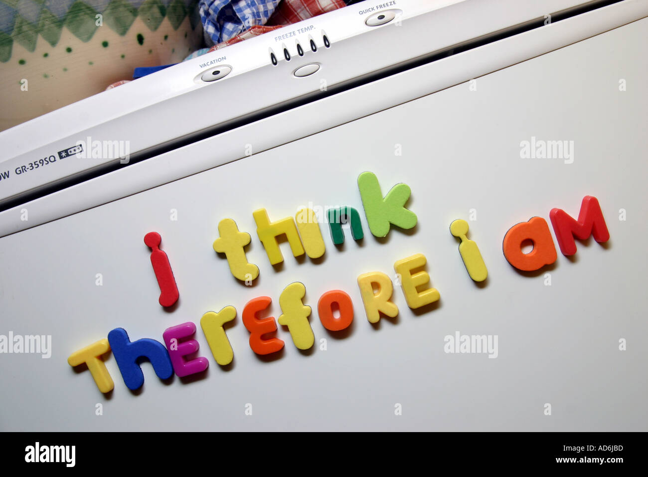 Descartes famous quote I think therefore I am written in fridge magnets on a refrigerator door Stock Photo
