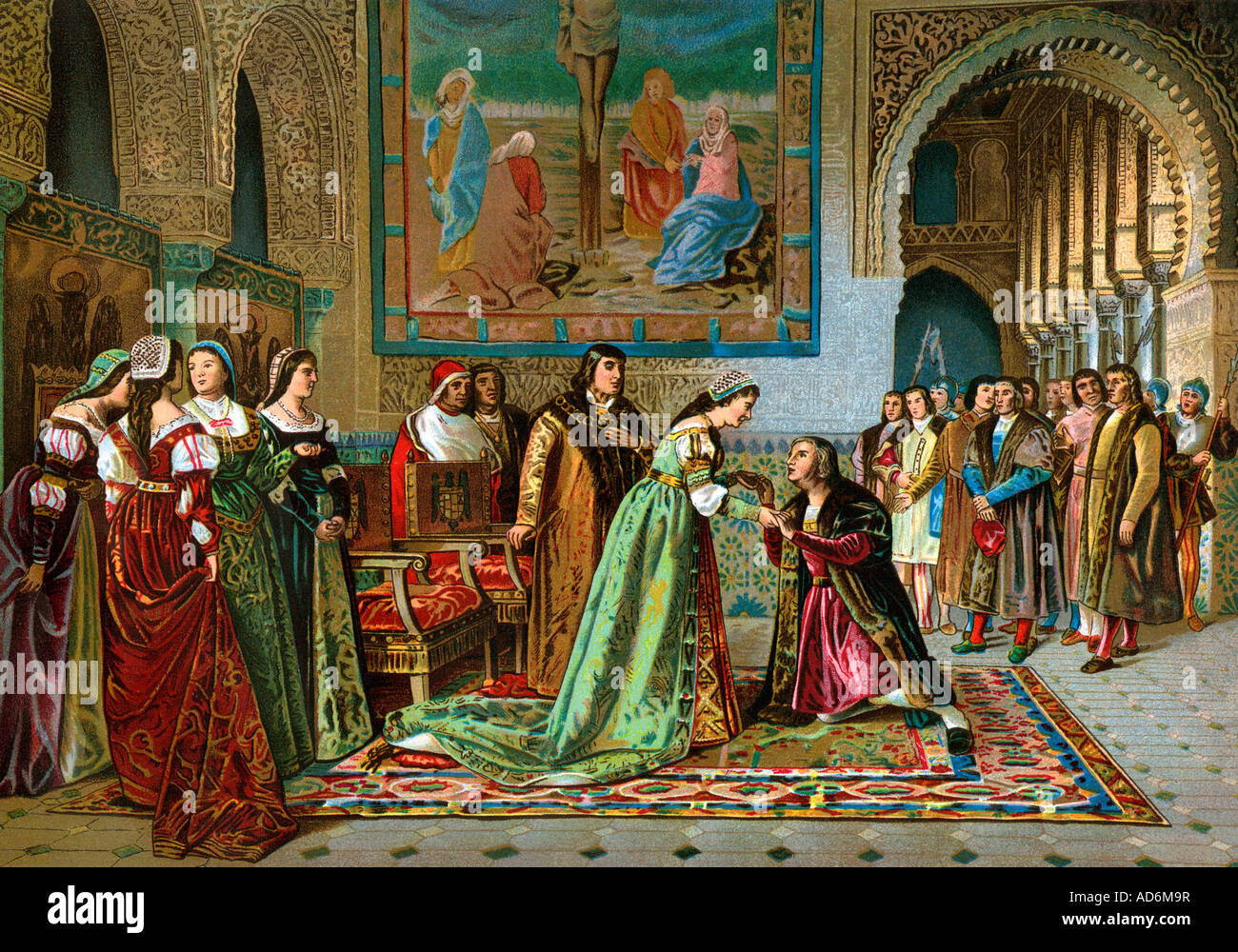 Columbus brought in chains to King Ferdinand and Queen Isabella by Bobadilla 1500. Color lithograph Stock Photo