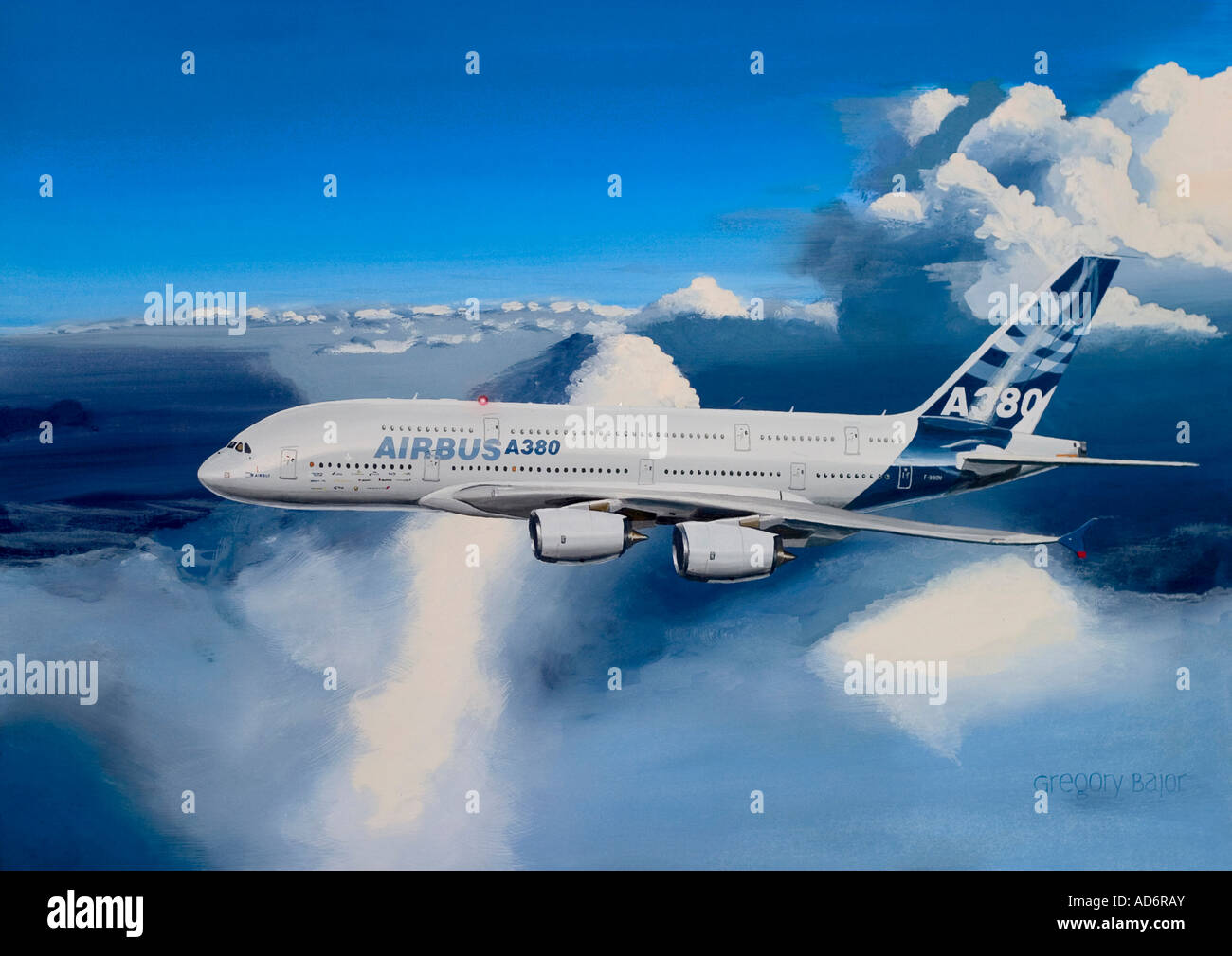 Painting of the largest passenger airplane Airbus A380-841 flying above clouds Stock Photo