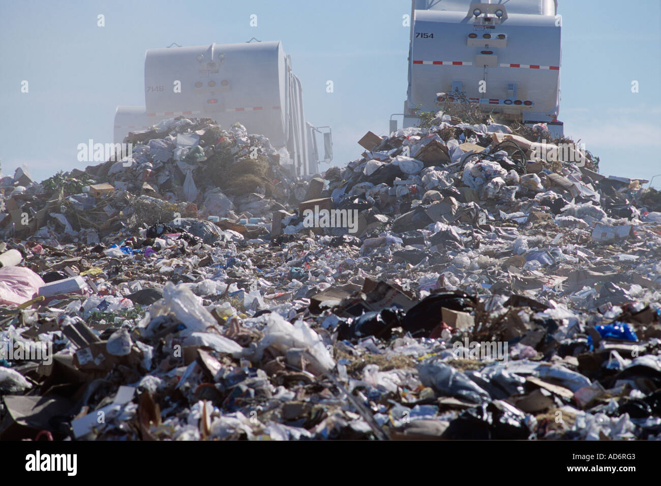 2 large garbage trucks dump trash at a landfill household wast Stock