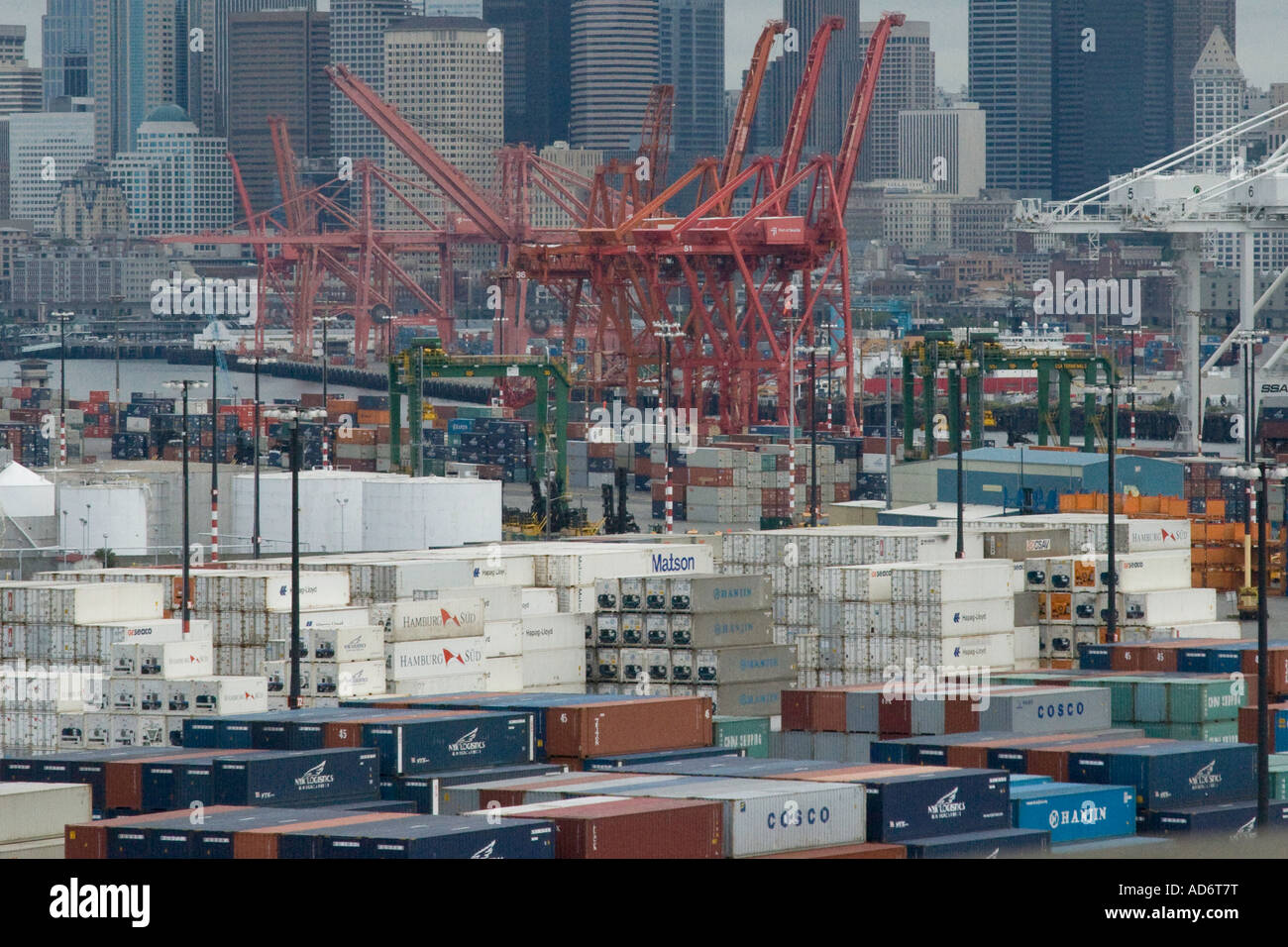 Shipping Containers and Docks in front of Seattle Skyline Seattle WA