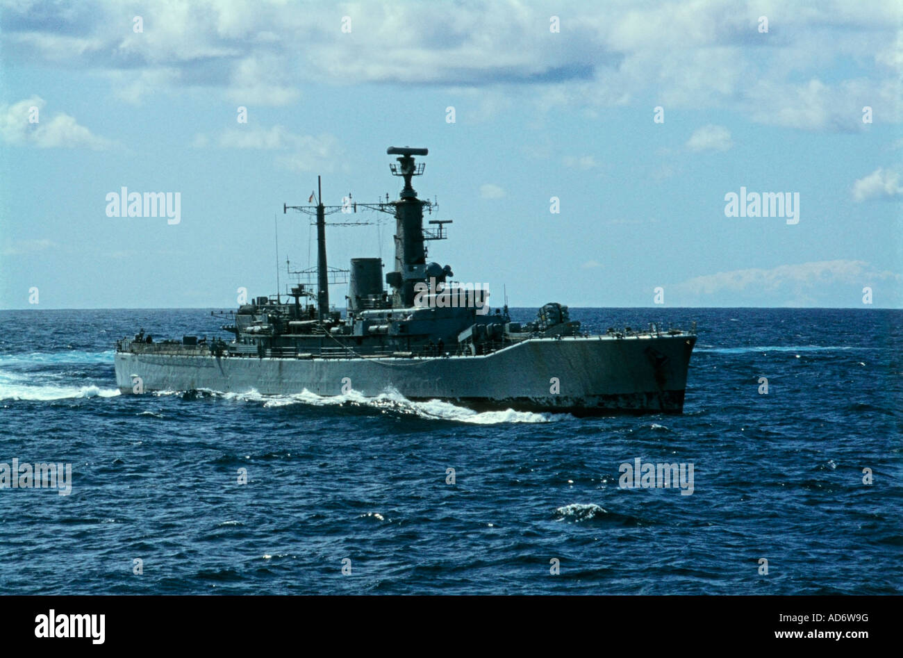 HMS Charybdis, F75, Leander-class frigate type 121, British frigate warship on patrol off the Falkland Islands in 1983, approaches to Port Stanley Stock Photo