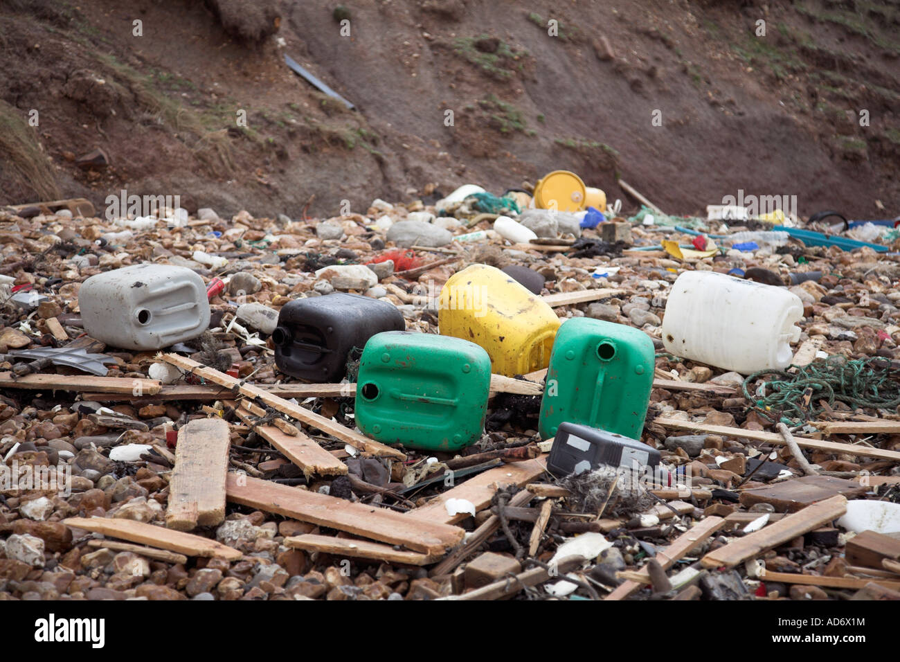 washed up rubbish on beach Compton Bay Isle of Wight Winter 2007 Stock