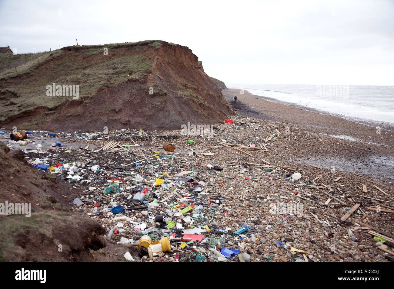 washed up rubbish on beach Compton Bay Isle of Wight Winter 2007 Stock