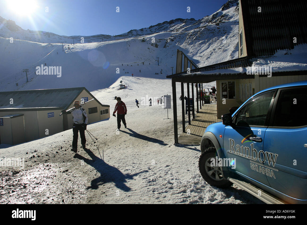 Skiers and snowboarders at Rainbow Ski field, Nelson, New Zealand Stock