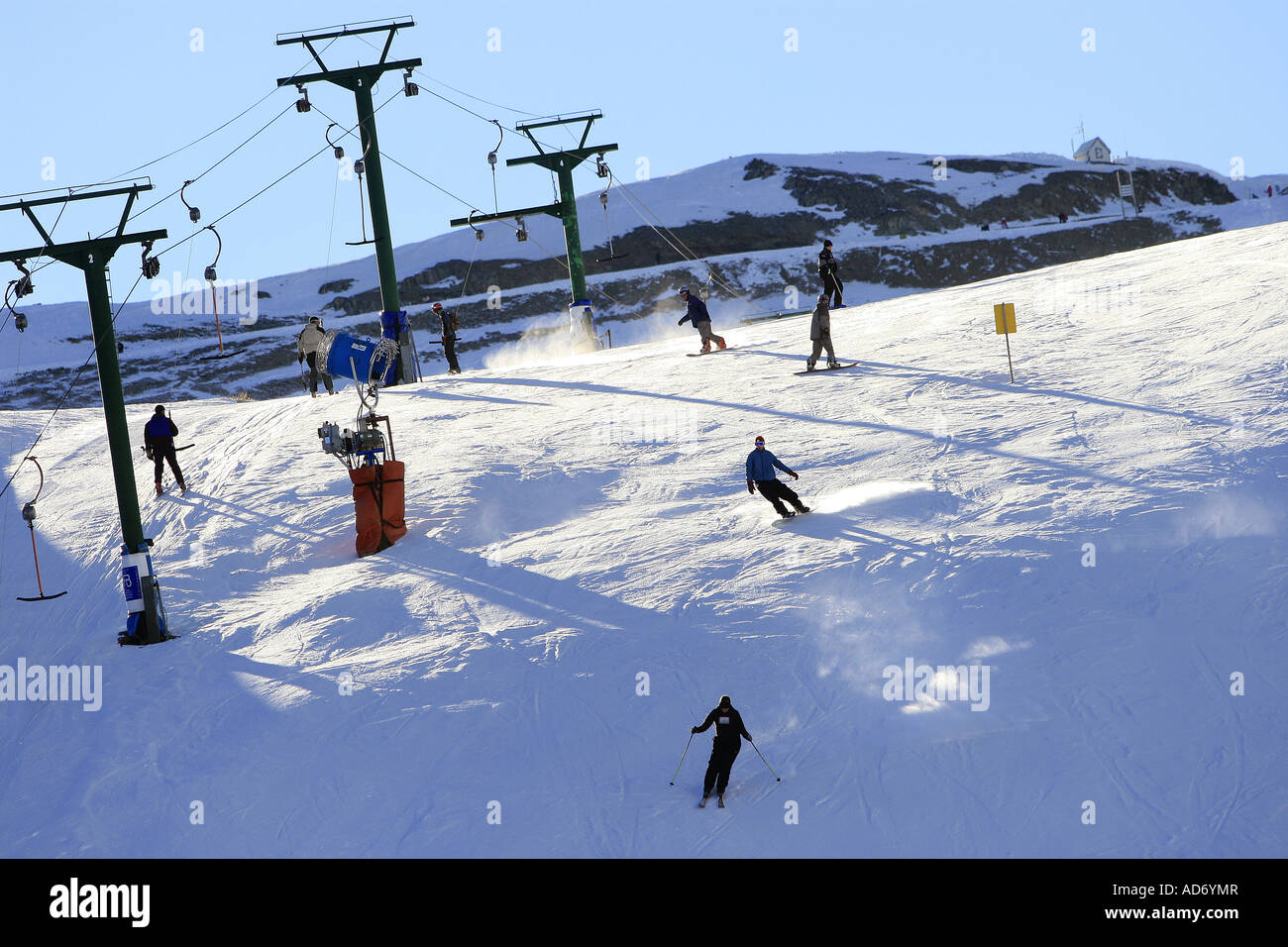 Skiers and snowboarders on the slope at Rainbow Ski field, Nelson, New