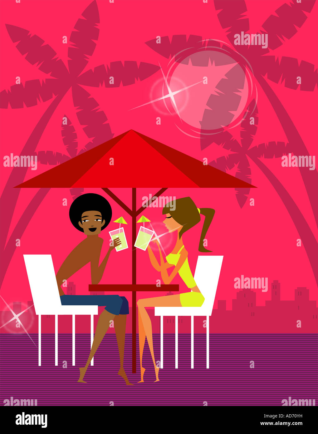Side profile of a couple drinking juice under a sunshade Stock Photo