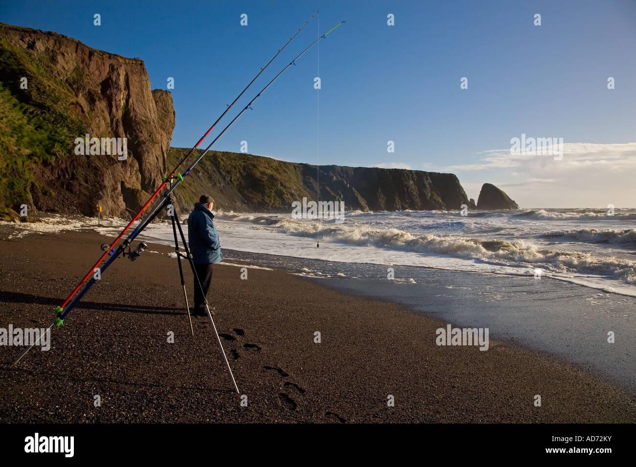 Sea Angling in Winter at Ballydowane Beach, Near Bunmahon, The Copper Coast, County Waterford, Ireland Stock Photo