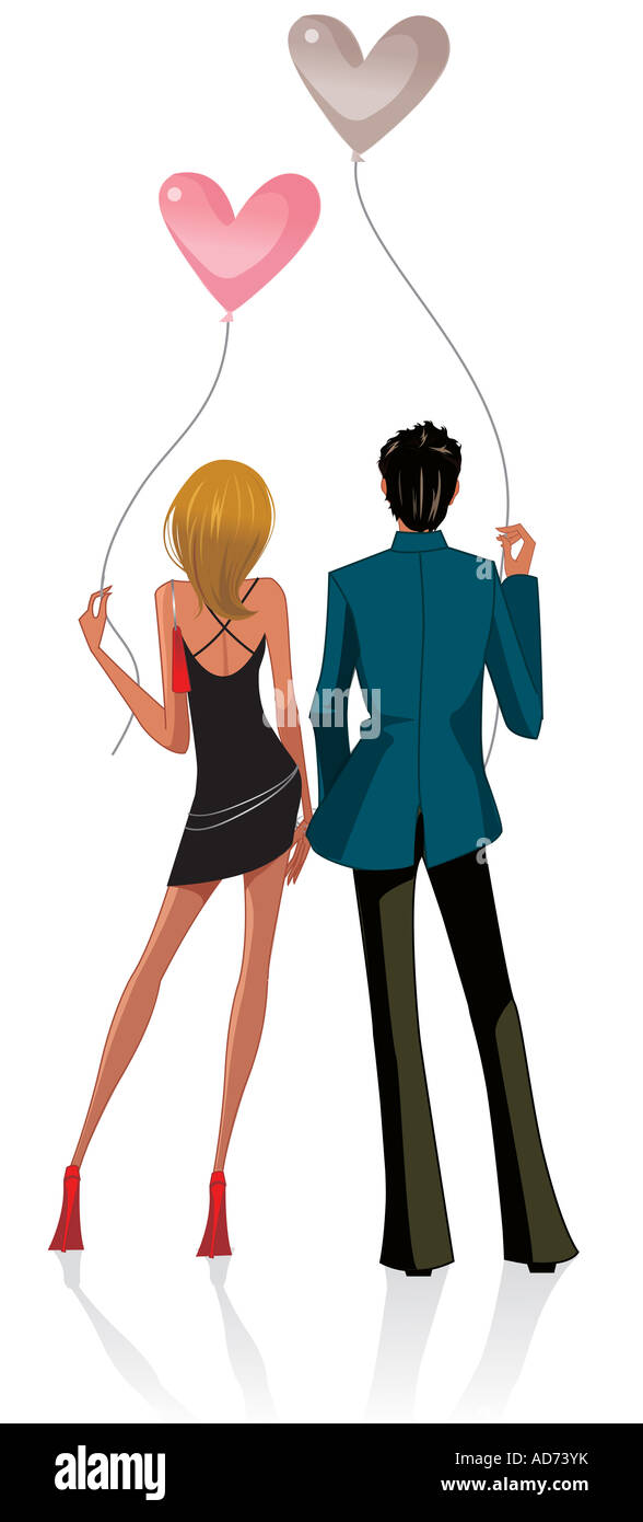 Rear view of a couple holding heart shaped balloons Stock Photo - Alamy