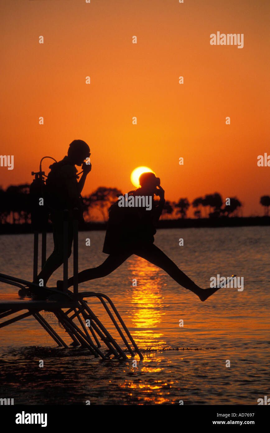 DIVERS PERFORM GIANT STRIDE ENTRY INTO WATER FOR NIGHT DIVE ROATAN