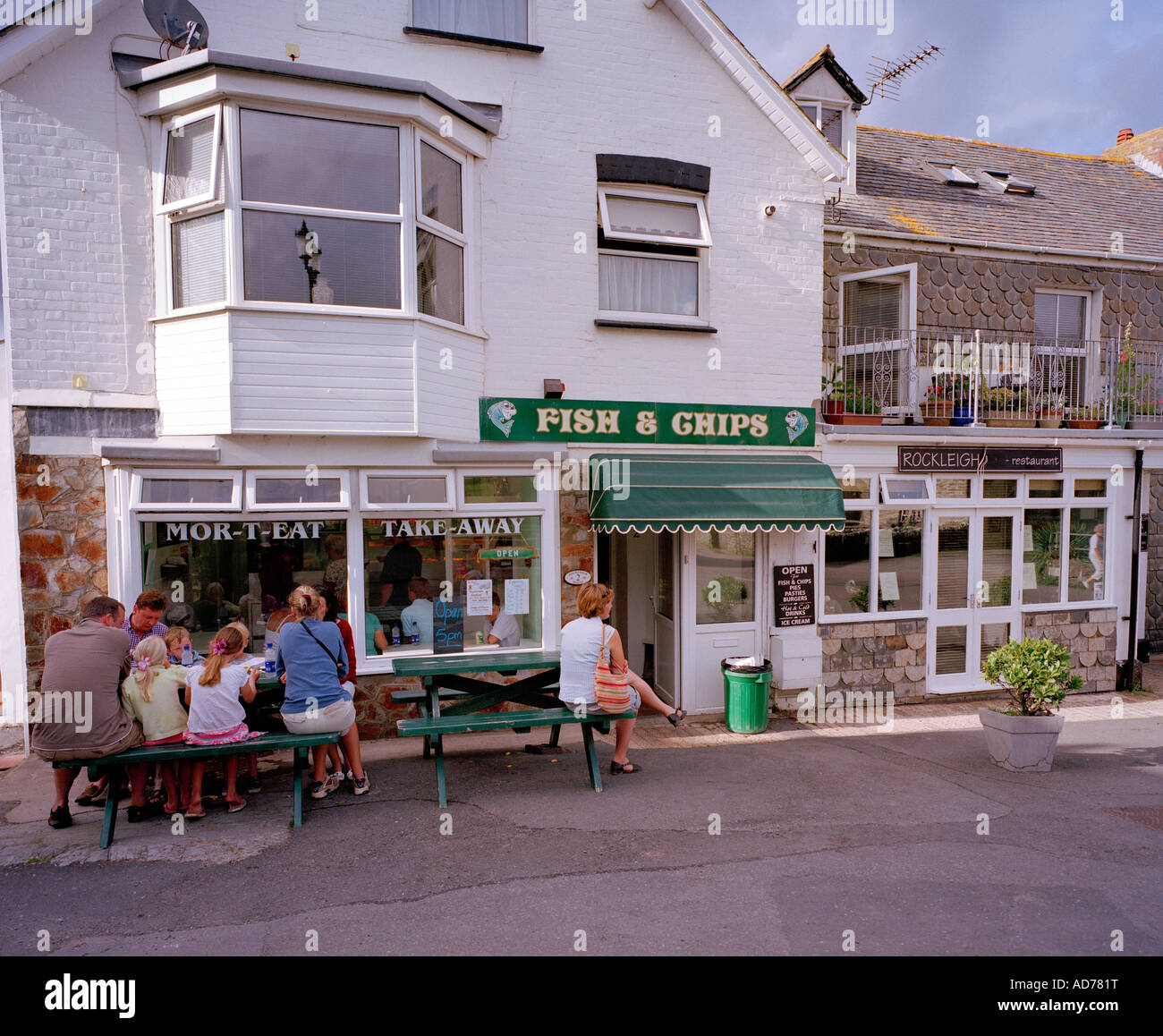 Fish and chip shop at Mortehoe North Devon, England, UK. Stock Photo