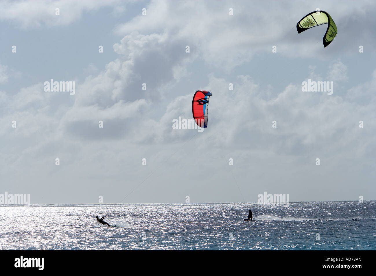 Kite boarding near Pink Beach area at south end of Bonaire, Netherland Antillies Stock Photo