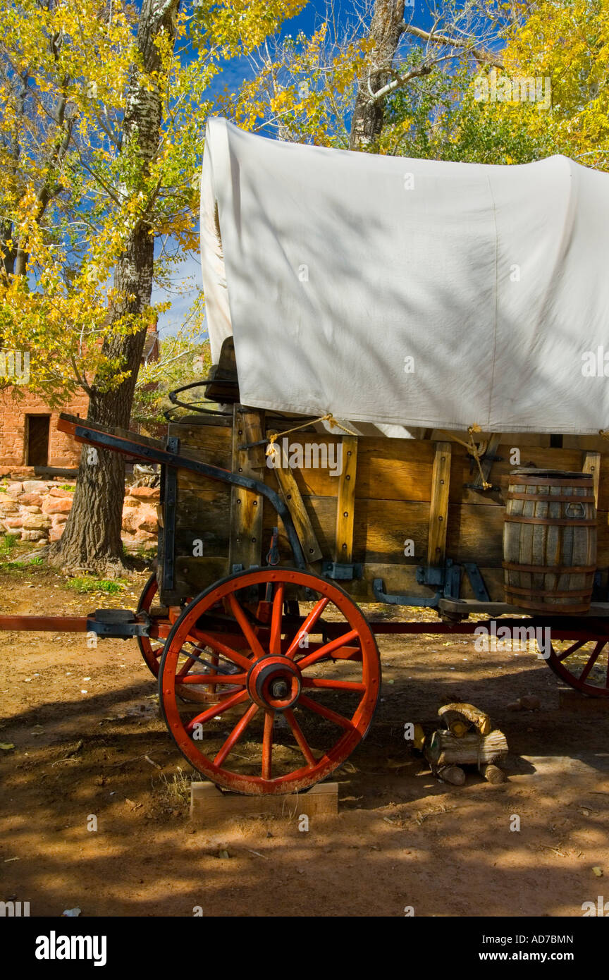 Prairie Schooner old covered wagon at Pipe Springs National Monument near Fredonia Arizona Stock
