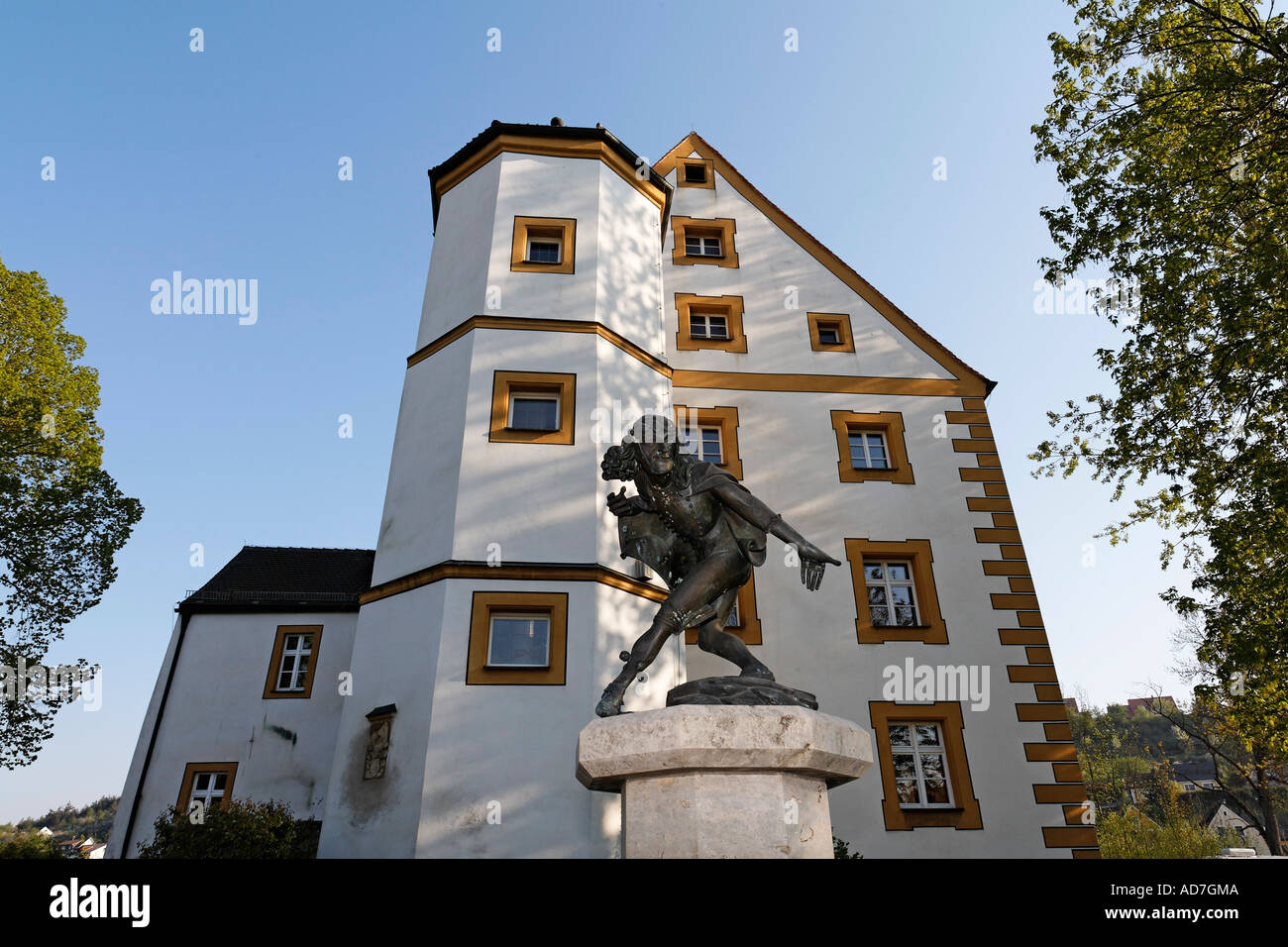 Schmidmühlen Upper Castle and Erasmus Grasser memorial Upper Palatinate Bavaria Germany Stock Photo