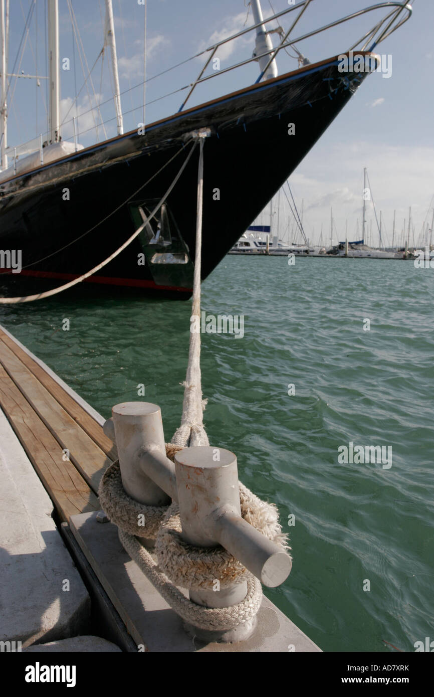 Moored luxury yacht in a marina Stock Photo