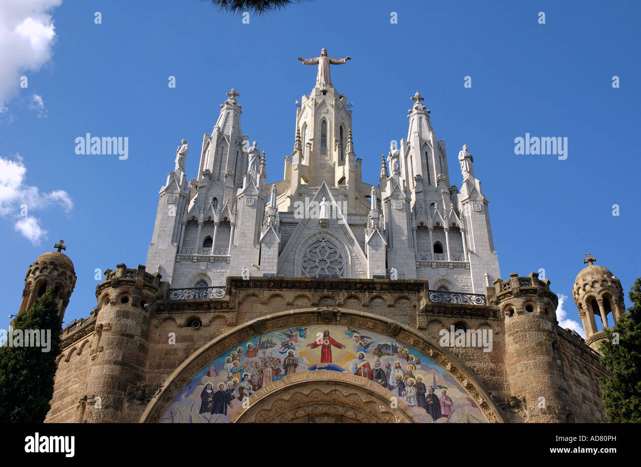 View Sagrado Corazón church on top Tibidabo mount Barcelona Barça ...