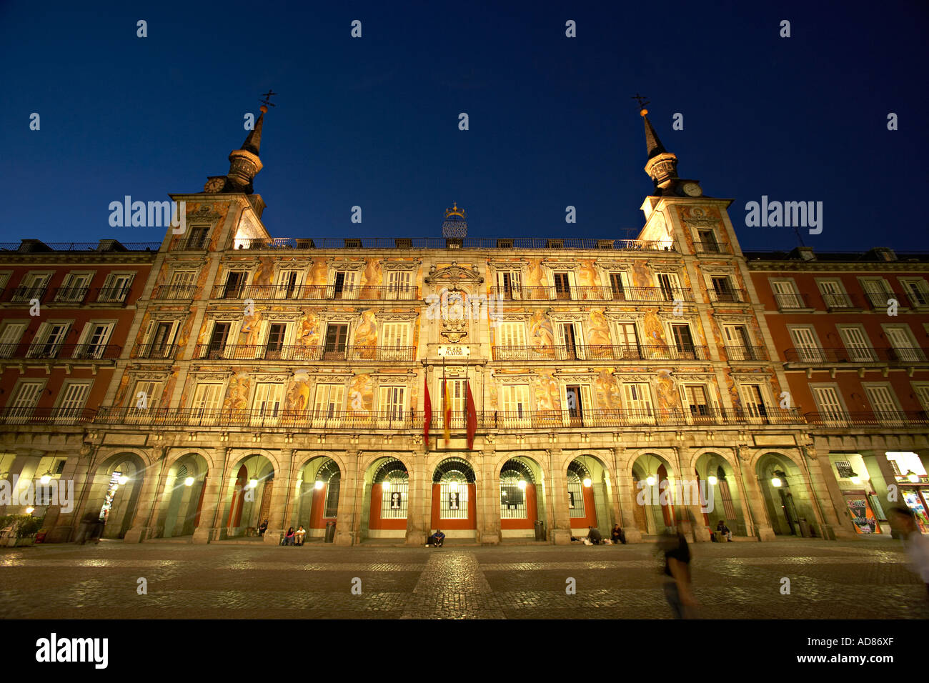 Plaza Mayor at Dusk in Madrid Spain activities activity travel traveled traveling travelled travelling architectural Stock Photo