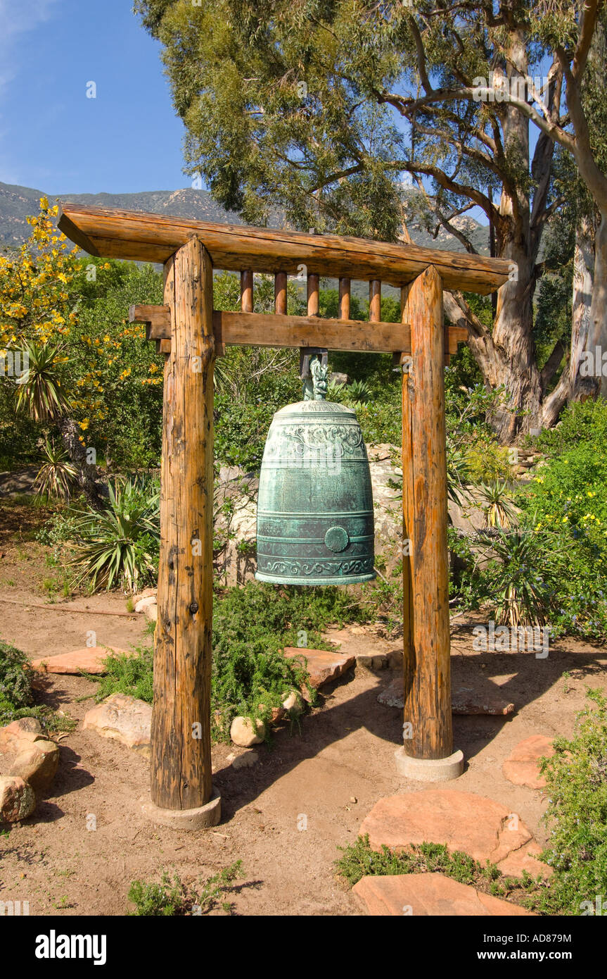 Large Prayer Bell at the Vedanta Temple in Santa Barbara. Stock Photo