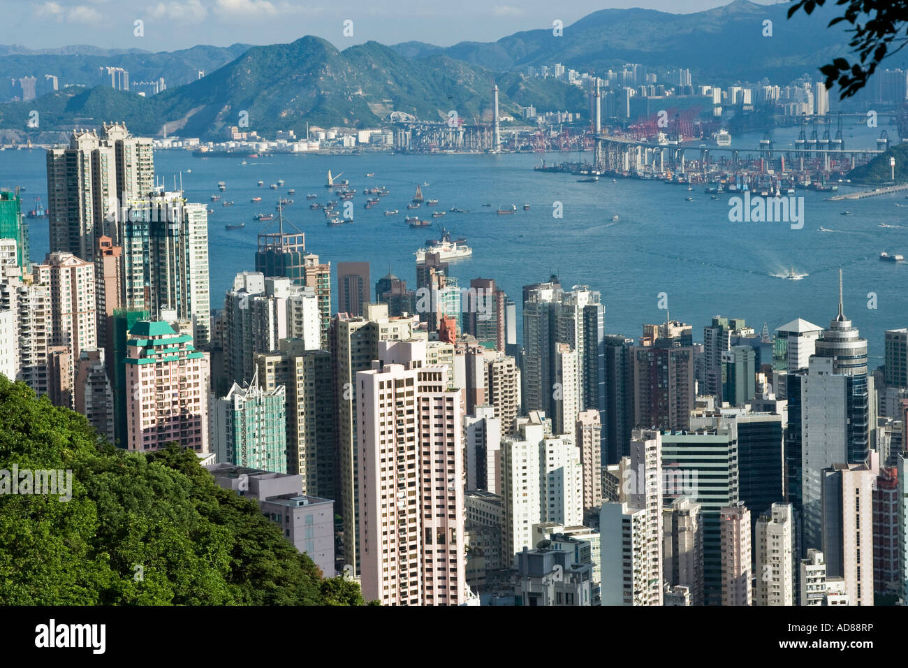 Hong Kong Residential Apartment Buildings and Victoria Harbour Commercial Shipping Docks Stock Photo