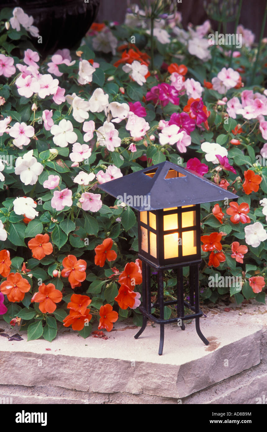 CANDLE LANTERN AND IMPATIENS IN MINNESOTA PATIO GARDEN. JULY. Stock Photo