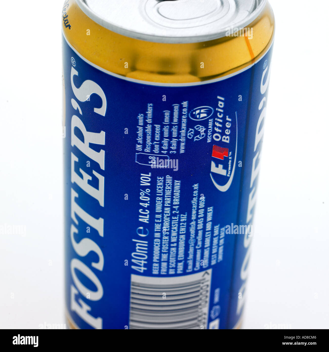 Fosters beer, close up on label showing 4 proof alcohol content Stock