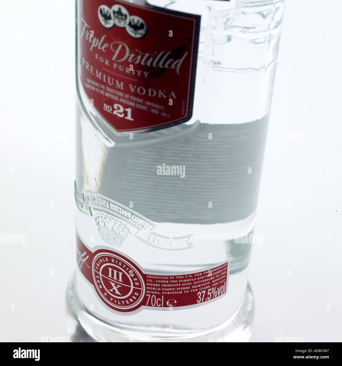 triple distilled vodka, close up on label showing 37.5 proof alcohol