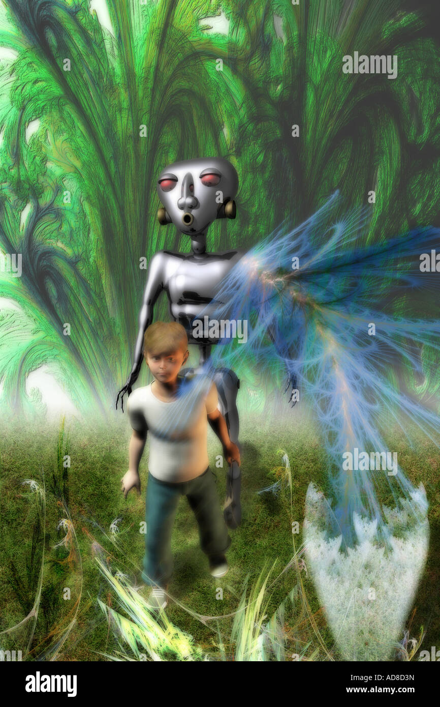 A boy and his robot in a fantasy world. Stock Photo