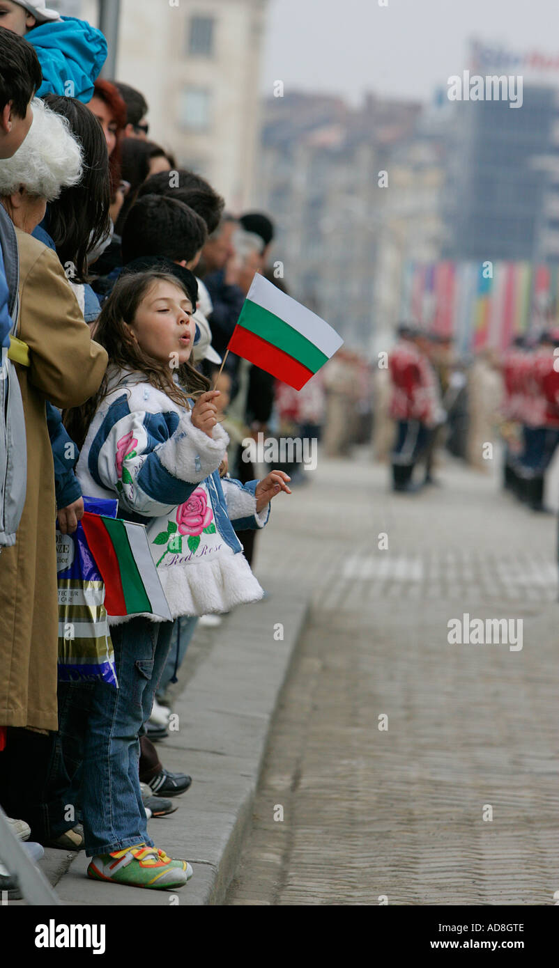 people children man woman a lot of many crowded bulgarian flag child women men celebrate expect wait Stock Photo