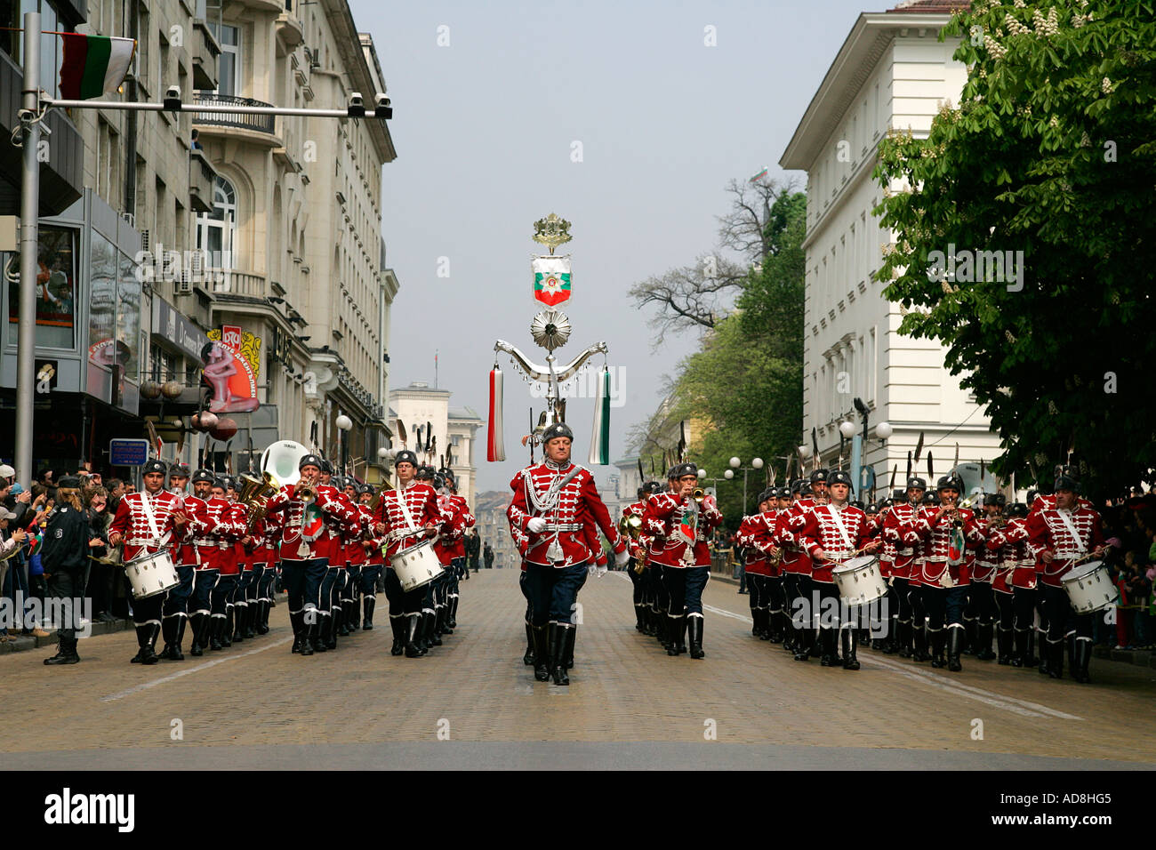 play brass band ceremonies ceremony music musical entertain instruments sound blow guardsmen march in step at military parade Stock Photo