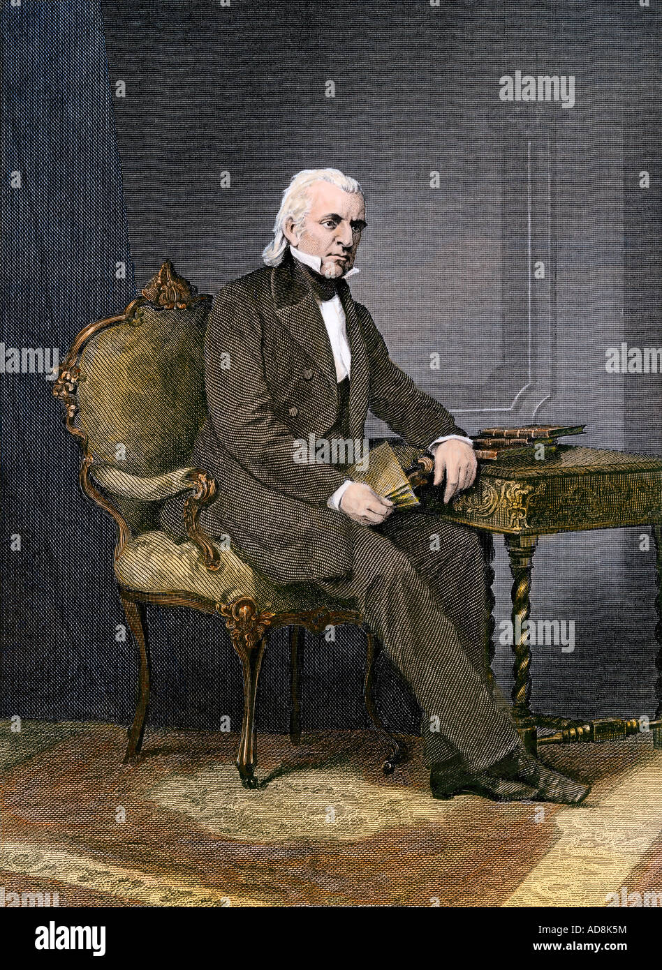 President James K. Polk at his desk. Hand-colored steel engraving Stock Photo