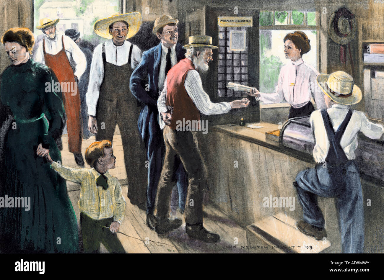 Townspeople meeting the new postmistress about 1905. Hand-colored halftone of an illustration Stock Photo