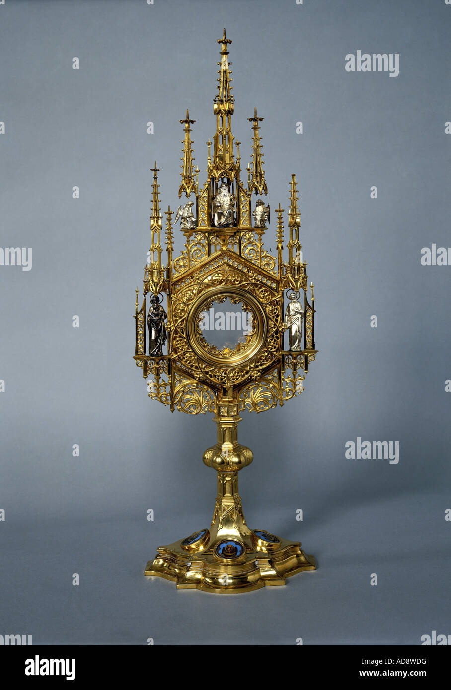 fine arts, liturgical objects, monstrance with God the Father, Peter and Paul, gold plated brass, circa 1880, Saint Peter and Paul church, Schnetzenhausen, Artist's Copyright has not to be cleared Stock Photo