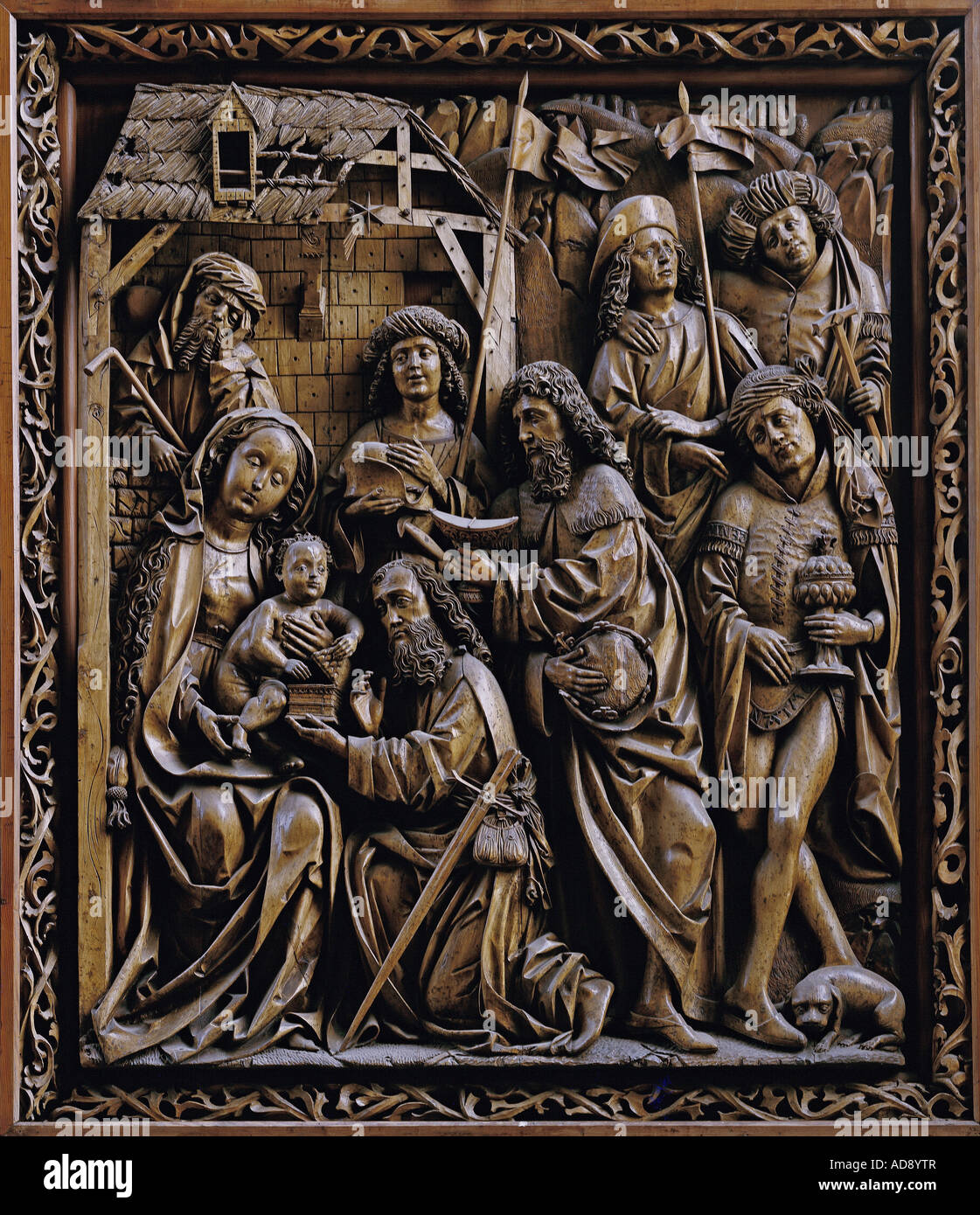 fine arts, Jesus Christ, birth, carved altar with adoration of the Magi, circa 1490 - 1497, wood, Kefermarkt parish church, Artist's Copyright has not to be cleared Stock Photo