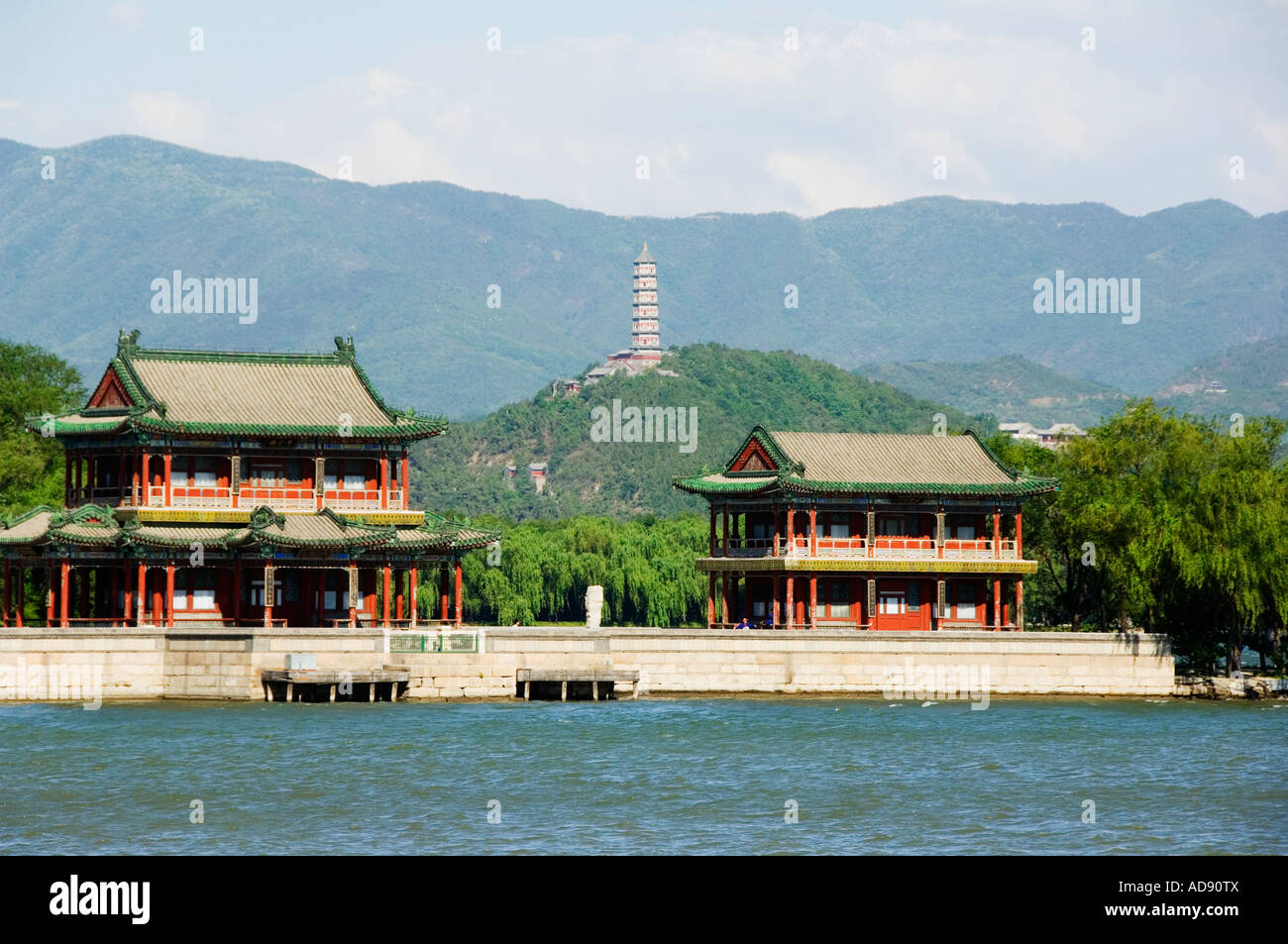 a pagoda on Yuquan Mountain seen across Kunming Lake at Yihe Yuan The