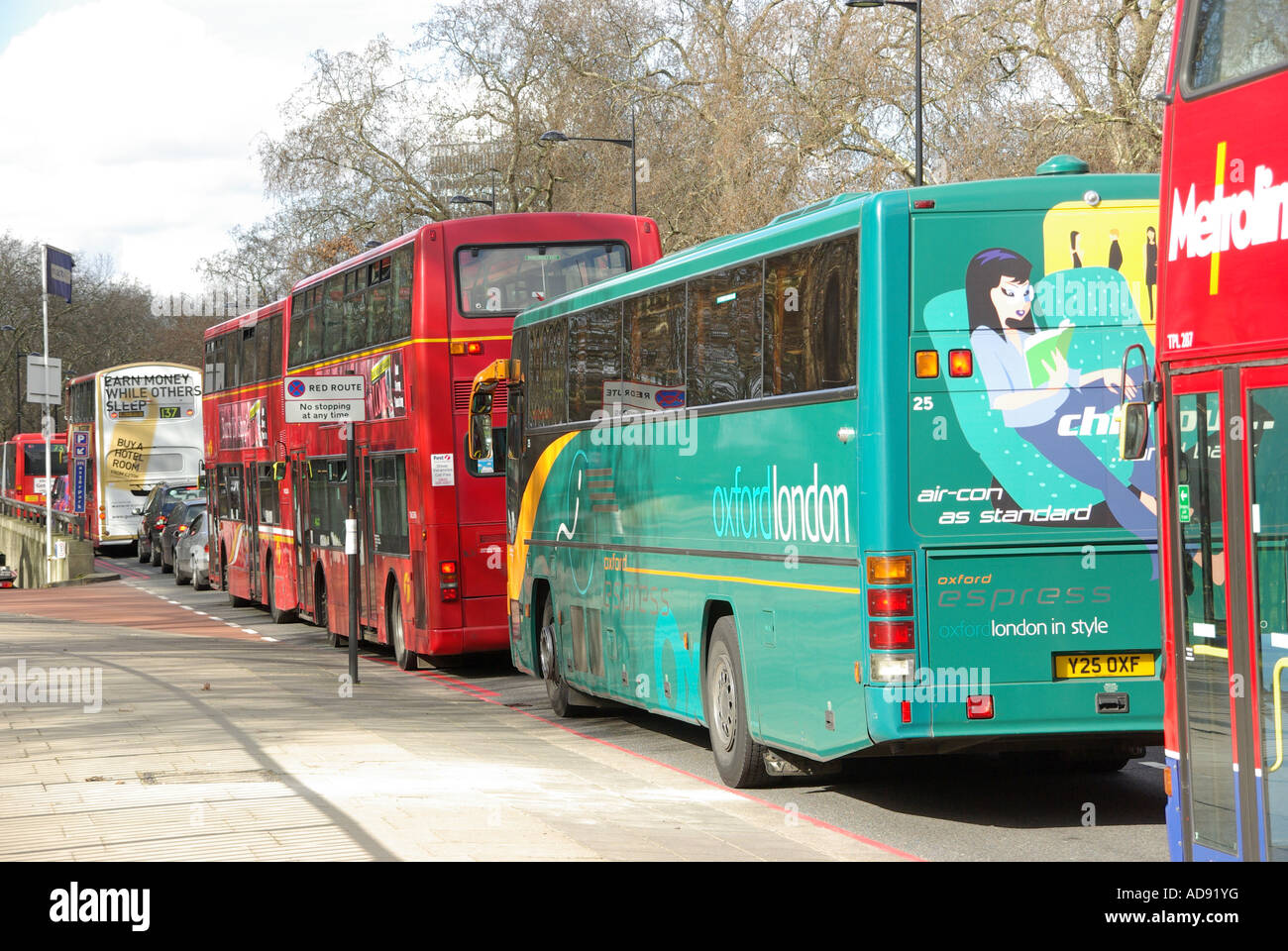 London gridlock in the bus lane in Park Lane part of so called red