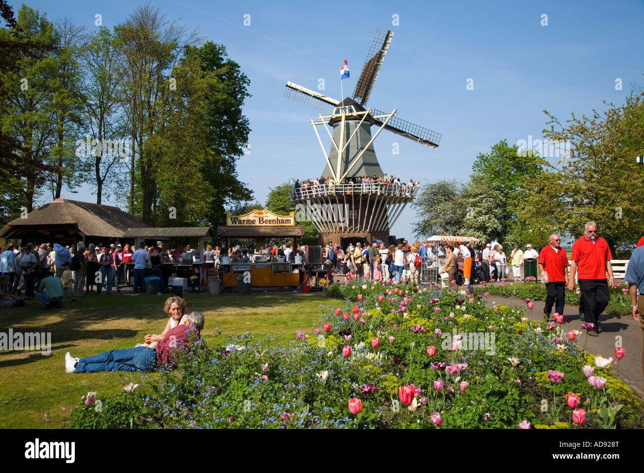 Crowds of visitors visiting the Windmill at Keukenhof Gardens in Lisse, Holland;Netherlands Stock Photo